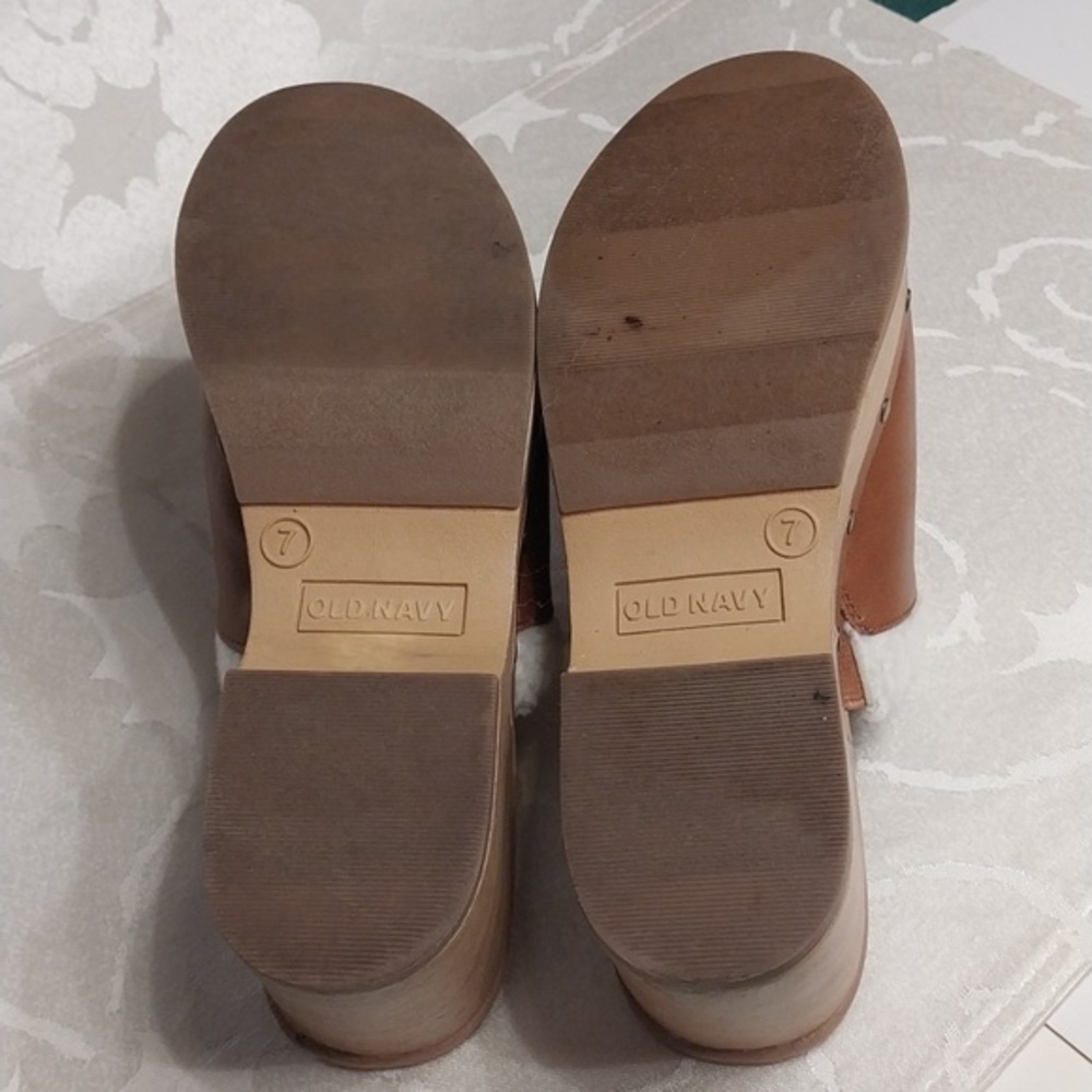 Old Navy NWOT Women's Size 7 Faux Leather Sherpa Trim Mules Clogs Y2K Brown - Picture 8 of 12